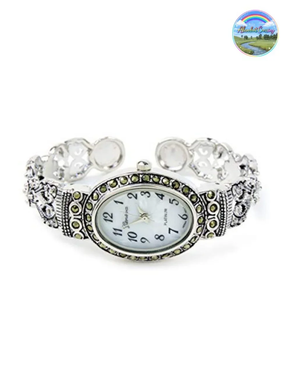 Vintage Marcasite Crystal Oval Bangle Cuff Watch, Japan Quartz, Stainless Steel